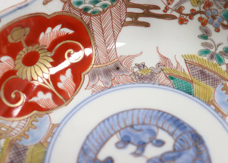 明治前期色絵松竹梅に鶴亀図通り物大なます皿①