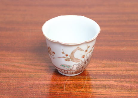江戸中期色絵芝垣に梅と鶯図輪花向付 五客組 1ヶノミホツ