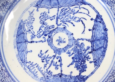 明治後期～大正紙刷洋傘と微塵唐草図5,5寸鉢