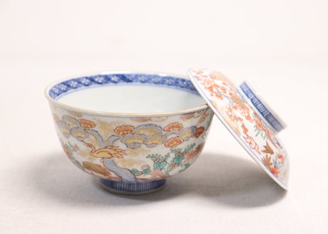 明治前期色絵三方松竹梅と花鳥図通り物飯茶碗