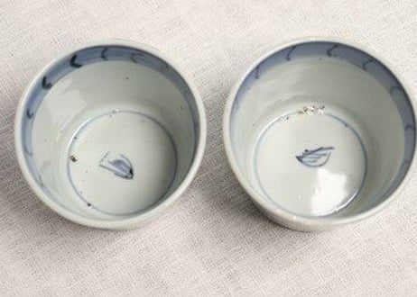 江戸幕末染付横縞に木目文猪口