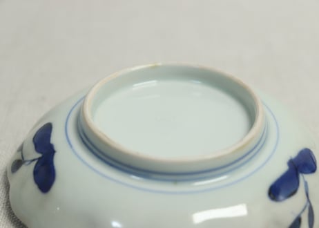 江戸幕末赤絵染付秋海棠と蝶図通り物小皿②少かたつき