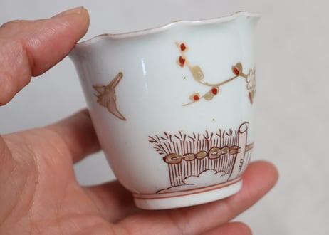 江戸中期色絵芝垣に梅と鶯図輪花向付 小ホツ