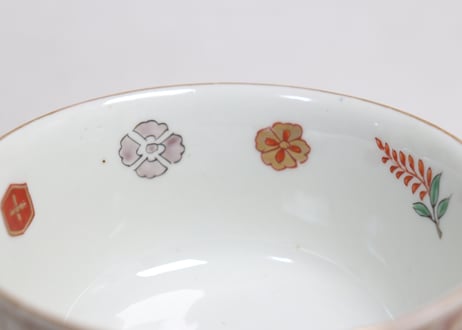 明治前期色絵網手に鶴と梅に鶯図通り物飯茶碗