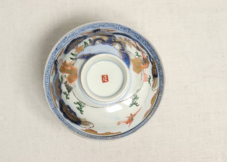 明治前期色絵高砂図通り物飯茶碗