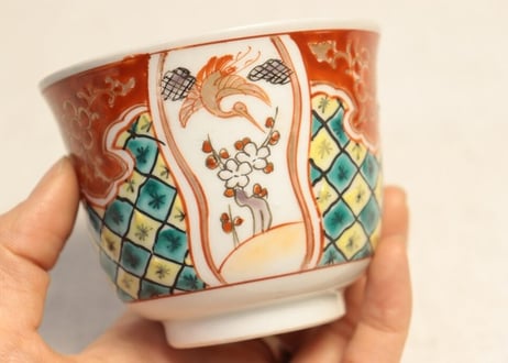 明治前期色絵三方に鶴と梅,見込みに兎図向付 ノミホツ