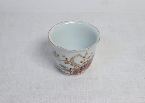 江戸中期色絵芝垣に梅と鶯図輪花向付 小ホツ