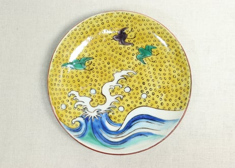 明治後期～大正九谷焼色絵波千鳥図5寸皿5客組　1客釉剥げ