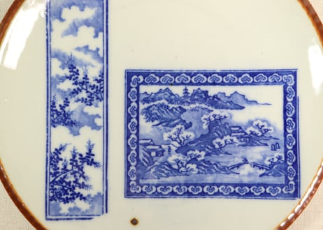 明治後期~大正銅判山水と萩図窓絵9寸イゲ皿②　黒点有