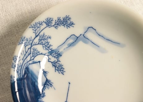 明治後期~大正銅判染付山水舟上人物図小皿