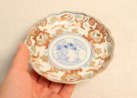 明治前期色絵松鶴図通り物小皿①　松濃いめ