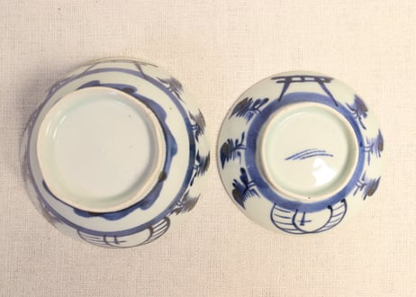 江戸後期染付鳥居と杉図広東型飯茶碗