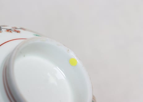 明治前期色絵網手に鶴と梅に鶯図通り物蒸茶碗②高台ホツ,高台内柄無し