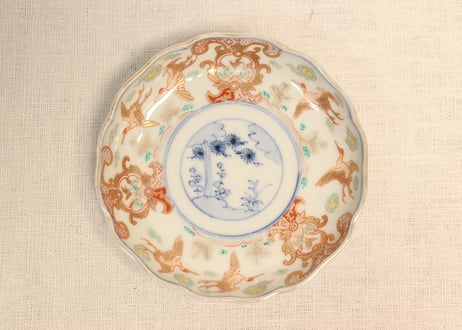 明治前期色絵松鶴図通り物小皿②　松薄め