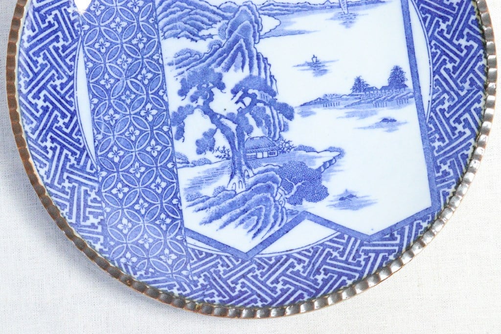 100年前の角皿　山水図　銅版転写　明治時代 100年前の角皿 山水図 銅版転写 明治時代 100年前の