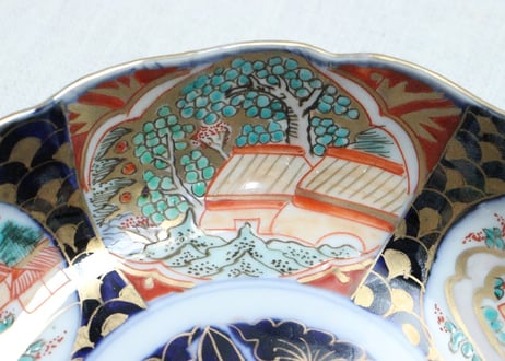 明治前期色絵山水風景と青海波図なます皿②かたつき