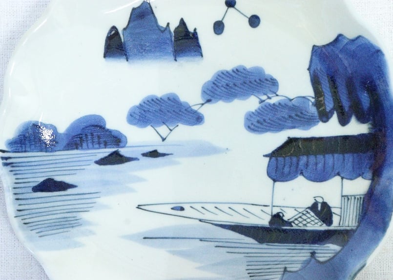 7寸染付絵皿　山水画　骨董品 7寸染付絵皿 山水画 骨董品