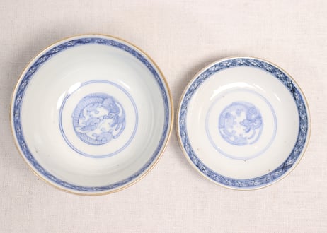 明治前期色絵三方松竹梅と花鳥図通り物飯茶碗