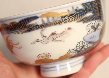 明治前期色絵山水図通り物飯茶碗①