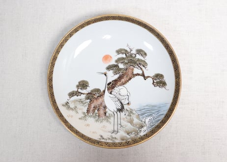 明治前期九谷焼色絵松鶴図通り物5寸皿①