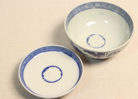 明治後期～大正銅判丸と山水人物図蓋茶碗