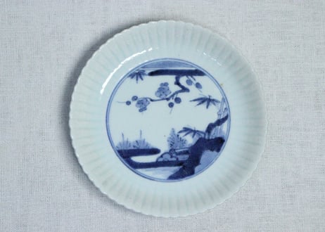 江戸中期染付松竹梅図輪花5.5寸皿　5客組