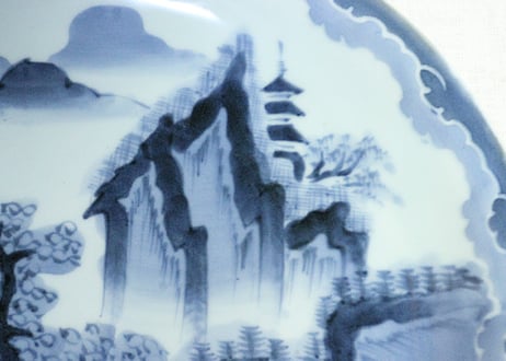 江戸幕末染付山水図ダミ縁尺皿