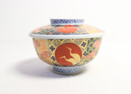 明治前期色絵桃と松鶴図通り物蒸茶碗