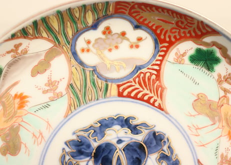 明治前期色絵窓絵に梅と松鶴図6寸皿