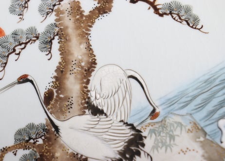 明治前期九谷焼色絵松鶴図通り物8寸皿②甘手