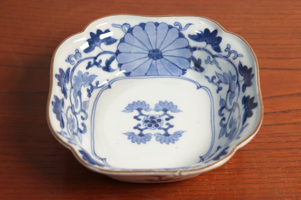 江戸中期藍柿右衛門花唐草菊割向付5客口径10.5㎝東里6-1114☆2F