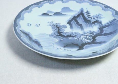 江戸幕末染付山水図ダミ縁尺皿
