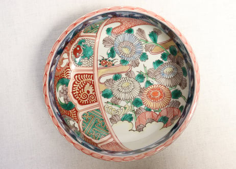 明治前期色絵菊と鶴亀図三ツ組鉢