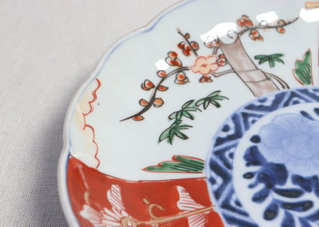 明治前期色絵三方に竹梅図通り物７寸皿