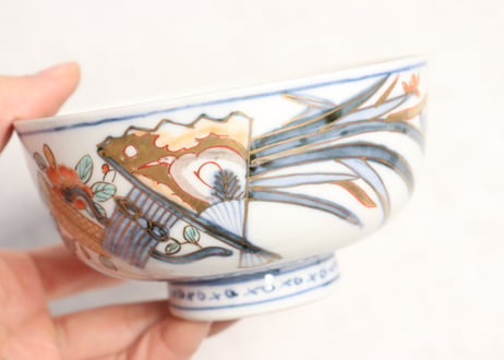明治前期色絵春蘭と椿図通り物蒸茶碗