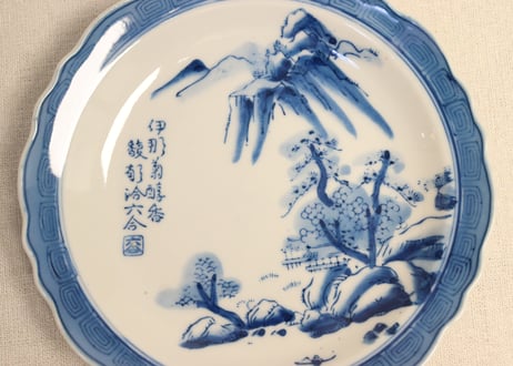 昭和戦前ゴム判山水図６寸皿
