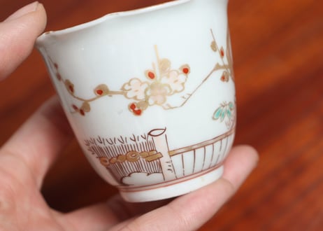 江戸中期色絵芝垣に梅と鶯図輪花向付 五客組 1ヶノミホツ