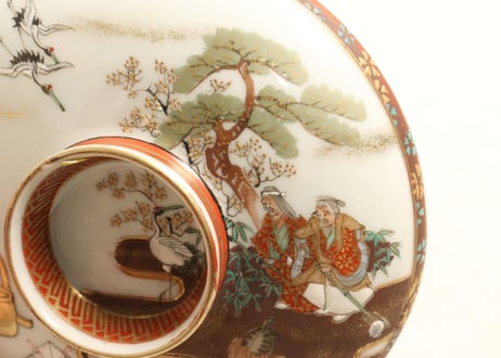 明治前期九谷焼色絵高砂図飯茶碗②蓋ノミホツ,高台ホツ
