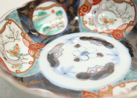 明治前期色絵梅と山水人物図なます皿