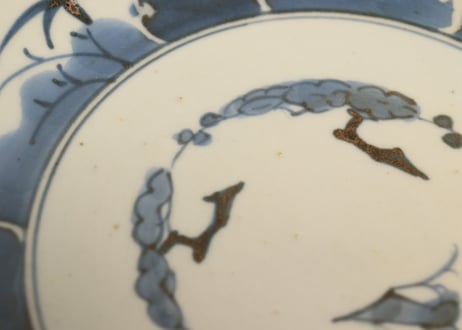 江戸後期染付竹と雪輪図６寸皿② 窯傷,少甘手