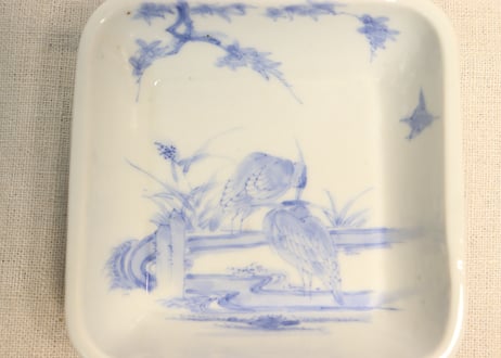明治後期～大正染付鷺図角小鉢
