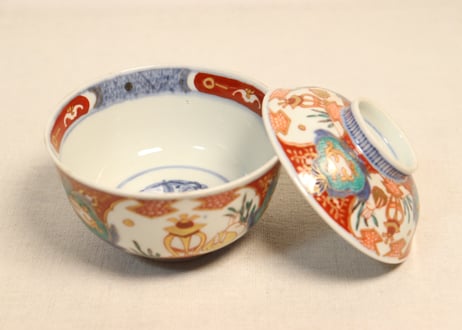 明治前期色絵兎図通り物飯茶碗②ひっつき,蓋少甘手