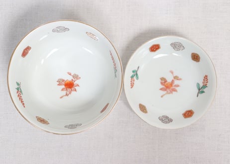 明治前期色絵網手に鶴と梅に鶯図通り物飯茶碗