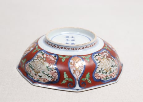 明治前期大聖寺焼色絵四方に宝と鶴図八角なます皿①