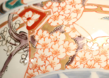 明治前期色絵牡丹と桜に鶴図7寸鉢