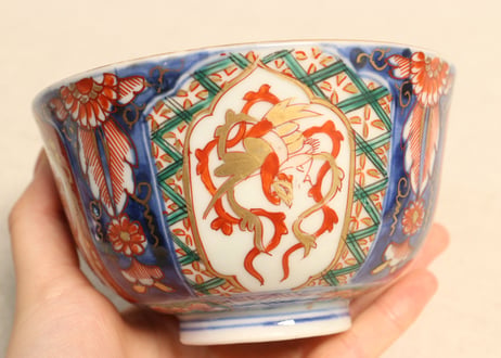 明治前期色絵四方に龍と鳳凰図通り物飯茶碗