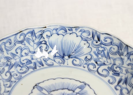 江戸幕末線描き牡丹唐草図なます皿 フリモノ,窯傷