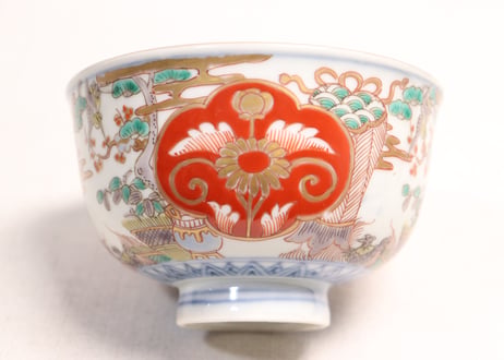 明治前期色絵松竹梅に鶴亀図通り物飯茶碗①