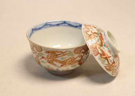 明治前期色絵松鶴図通り物飯茶碗