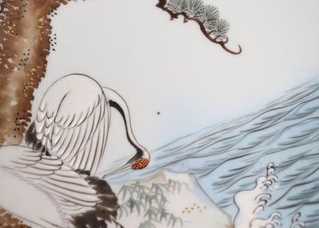 明治前期九谷焼色絵松鶴図通り物8寸皿①